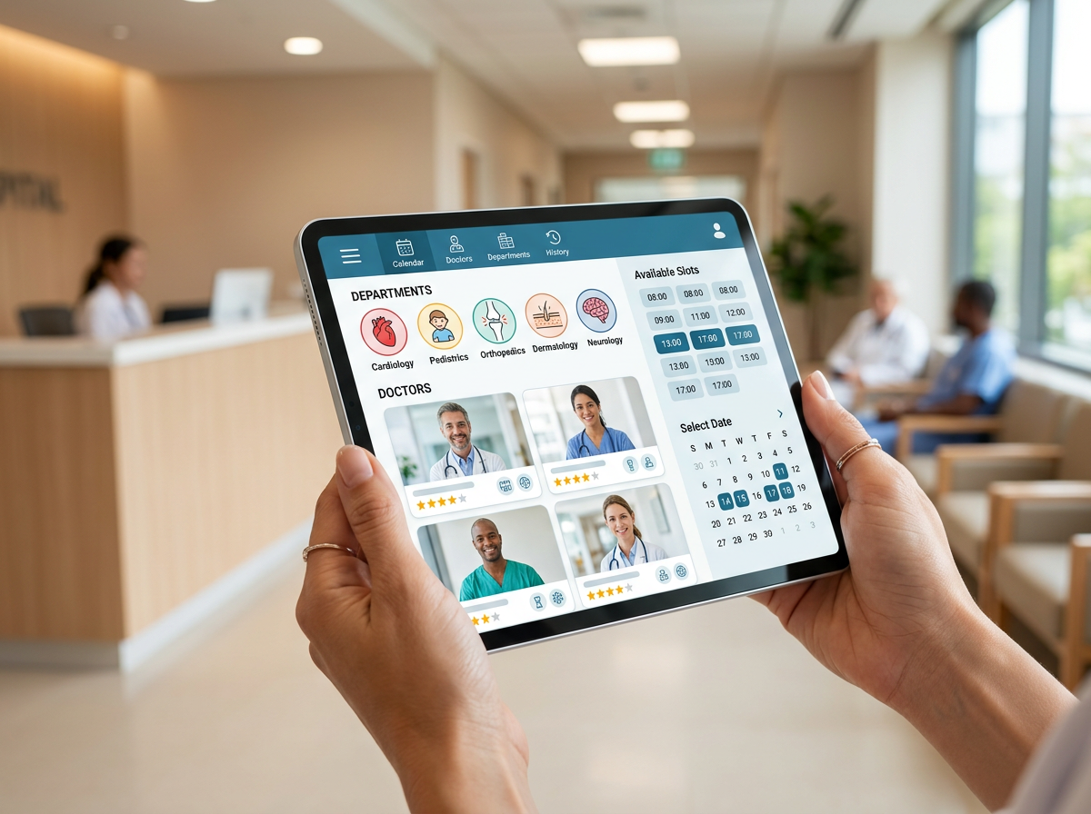 A tablet showing a guided hospital appointment booking interface with doctor profiles and time slots